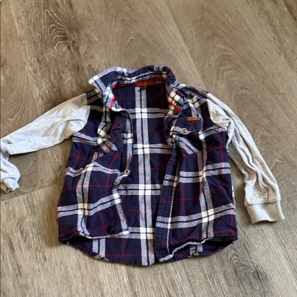7 For All Mankind Navy Plaid Shirt with Gray Sleeves